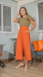 Load image into Gallery viewer, Single Button Front Zip Flat Front Waistband Back Elastic Wide Hem Pants — Copper
