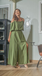 Load image into Gallery viewer, Flounce Cutout Sleeve Double Slit Front Dress in Fatigue Green Crepe
