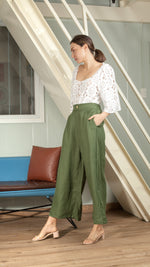 Load image into Gallery viewer, Single Button Flat Front Waistband Back Elastic Wide Hem Pants — Army Green
