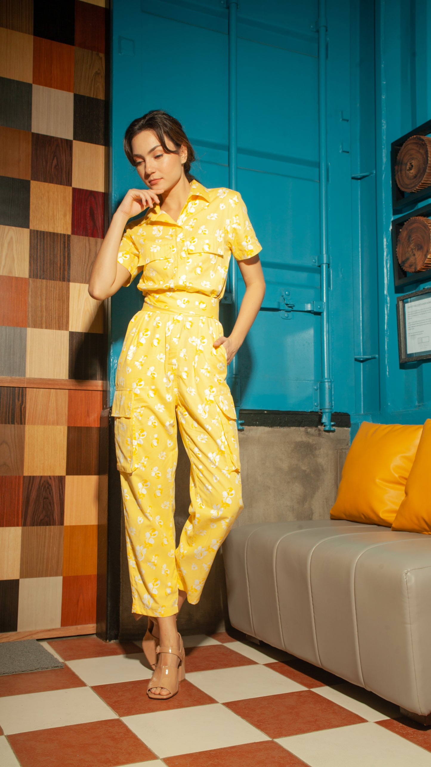 Short Sleeve Tapered Jumpsuit — Yellow Floral