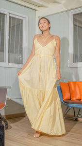 Double Strap V-Neckline Long Dress in Light Yellow Lightweight Cotton Weave