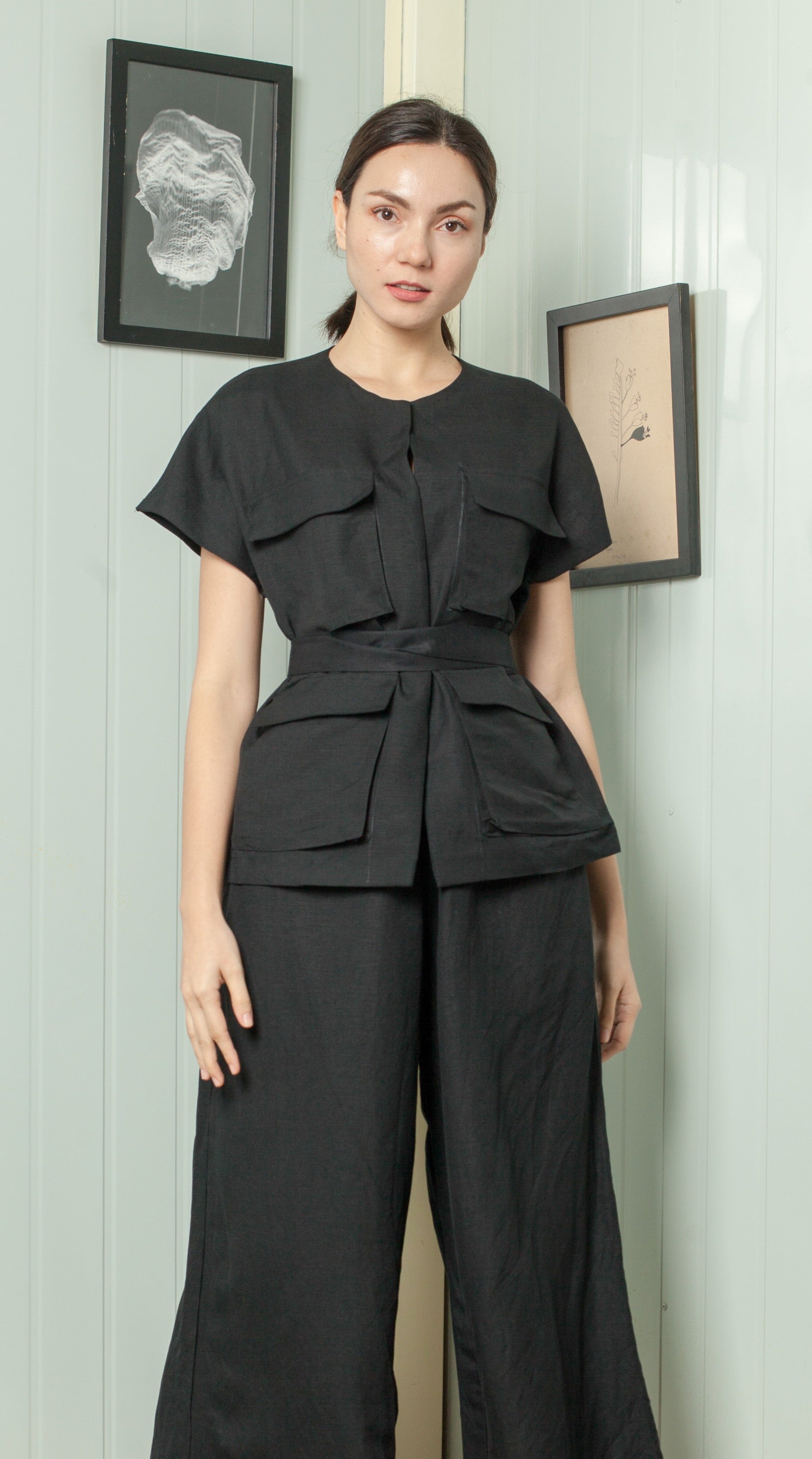 Four Pocket Drop Shoulder Oversized Belted Top