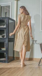 Wide Wrap Belt Dress — Tan Linen