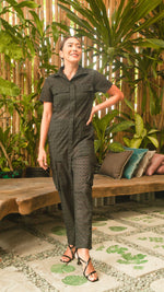 Load image into Gallery viewer, Short Sleeve Tapered Jumpsuit — Black Eyelet
