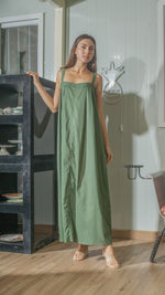 Load image into Gallery viewer, Tie Back Ribbon Dress in Green Lightweight Cotton Weave
