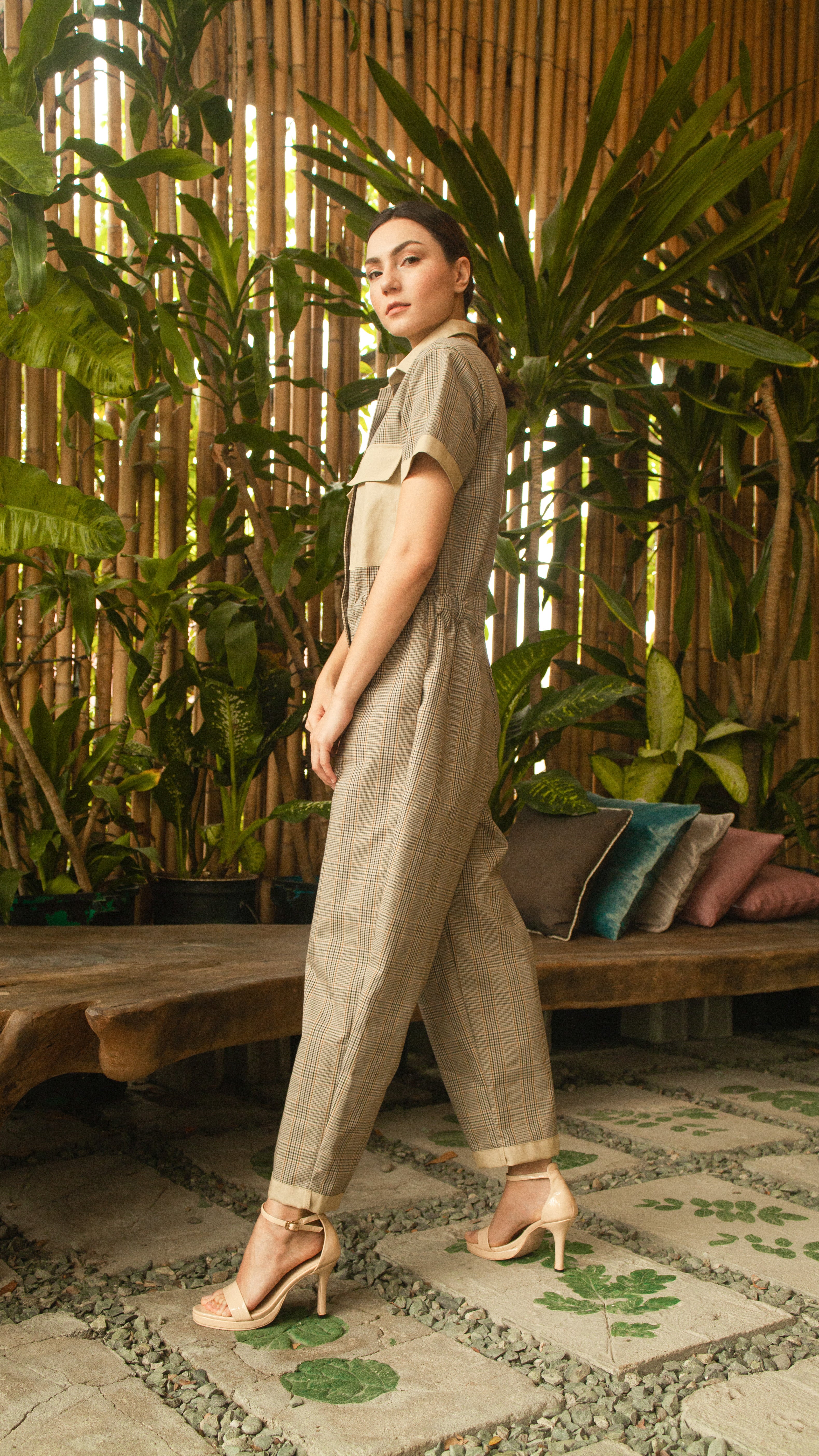 Elastic Waist Oversized Short Sleeve Baggy Jumpsuit — Checkered / Khaki