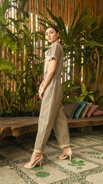 Load image into Gallery viewer, Elastic Waist Oversized Short Sleeve Baggy Jumpsuit — Checkered / Khaki
