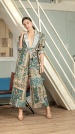 Load image into Gallery viewer, Single Button Flat Waistband Back Elastic Wide Hem Pants — Blue Floral
