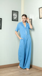 Load image into Gallery viewer, Four Button Lapel Wide Hem Jumpsuit — Azure Blue
