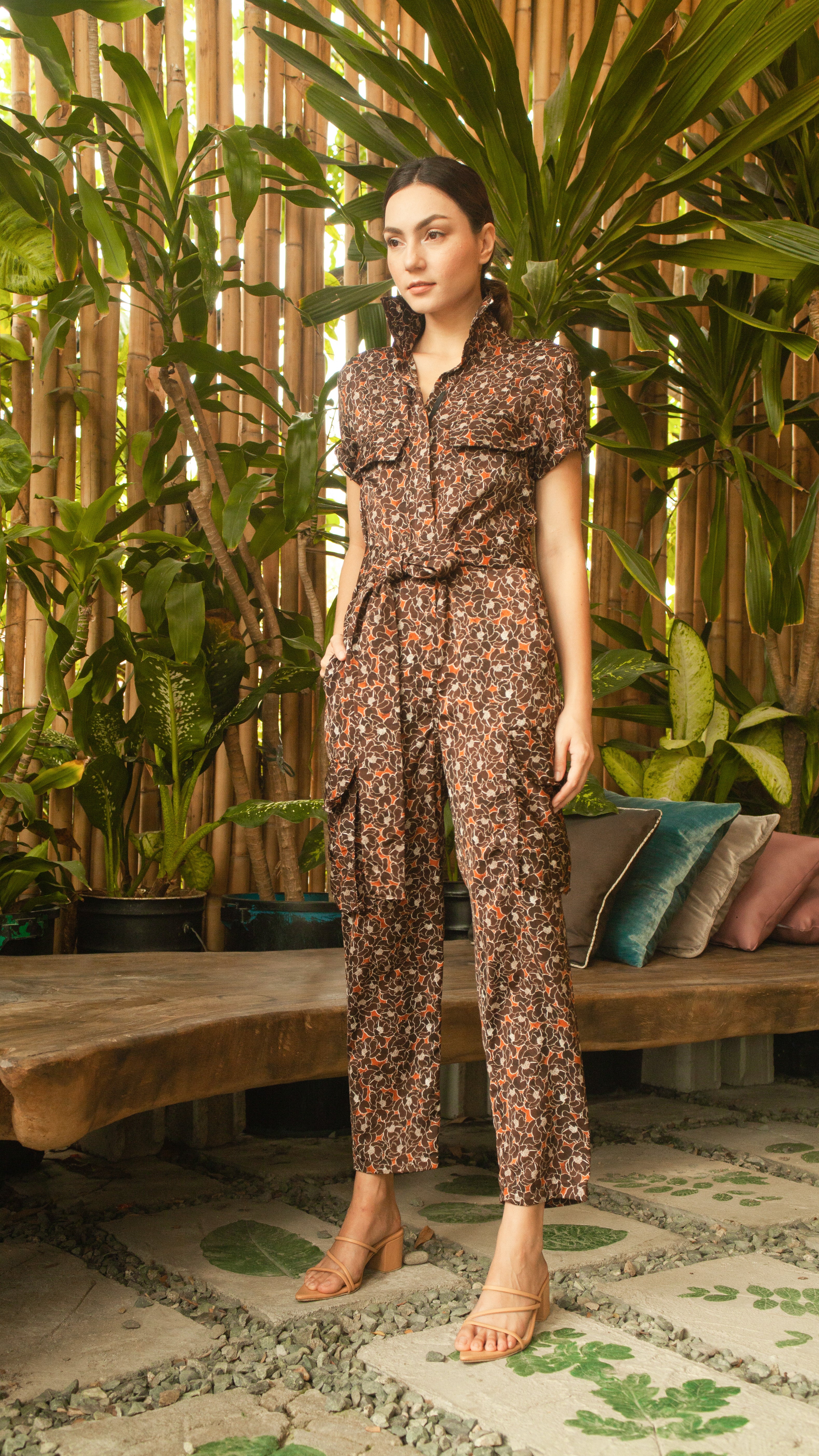 Short Sleeve Tapered Jumpsuit — Brown Floral