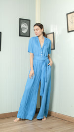 Load image into Gallery viewer, Four Button Lapel Wide Hem Jumpsuit — Azure Blue
