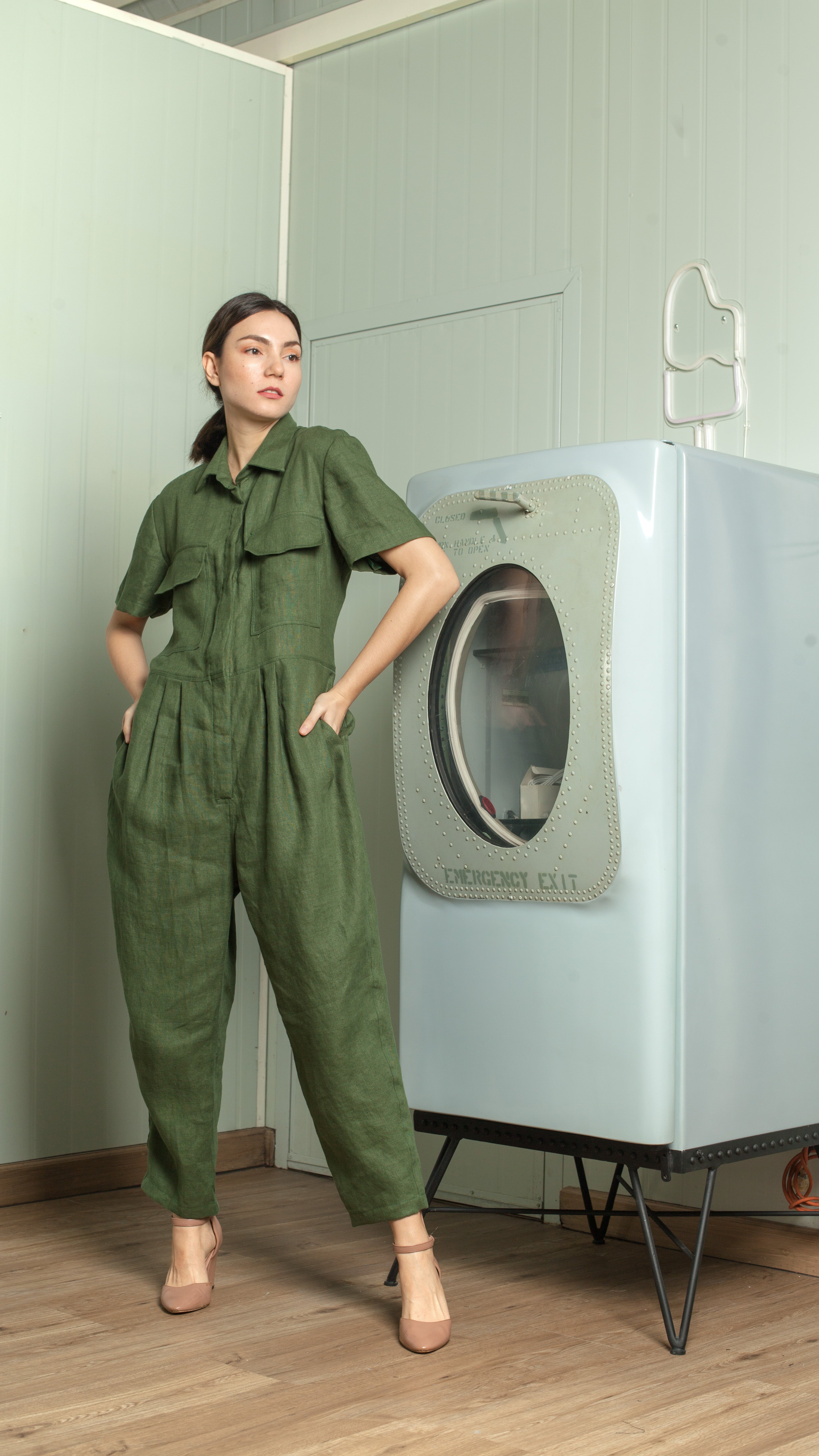 Oversized Short Sleeve Baggy Jumpsuit — Army Green