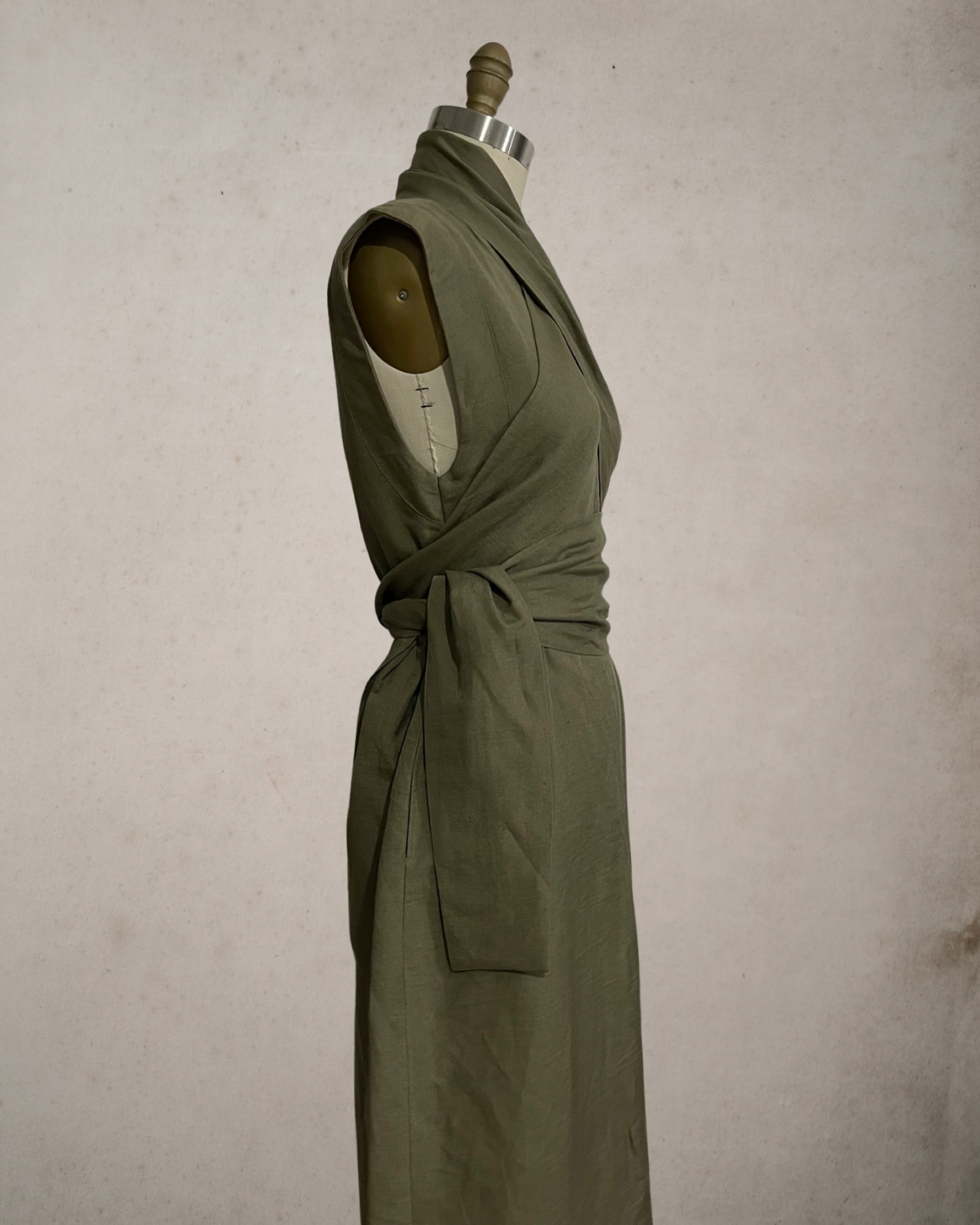 Wide Wrap Belt Dress — Fatigue Green Linen