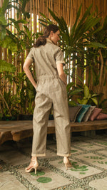 Load image into Gallery viewer, Elastic Waist Oversized Short Sleeve Baggy Jumpsuit — Checkered / Khaki
