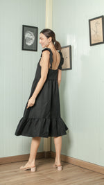 Load image into Gallery viewer, Adjustable Scallop Shoulder Detail Shirred Dress — Black
