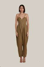 Load image into Gallery viewer, Sweetheart Baggy Jumpsuit in Brown Thick Woven Linen
