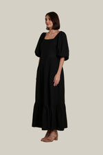 Load image into Gallery viewer, Back Zip Puff Sleeve Dress in Black Linen
