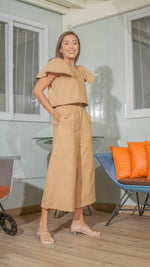 Load image into Gallery viewer, Single Button Front Zip Flat Front Waistband Back Elastic Wide Hem Pants — Dark Tan
