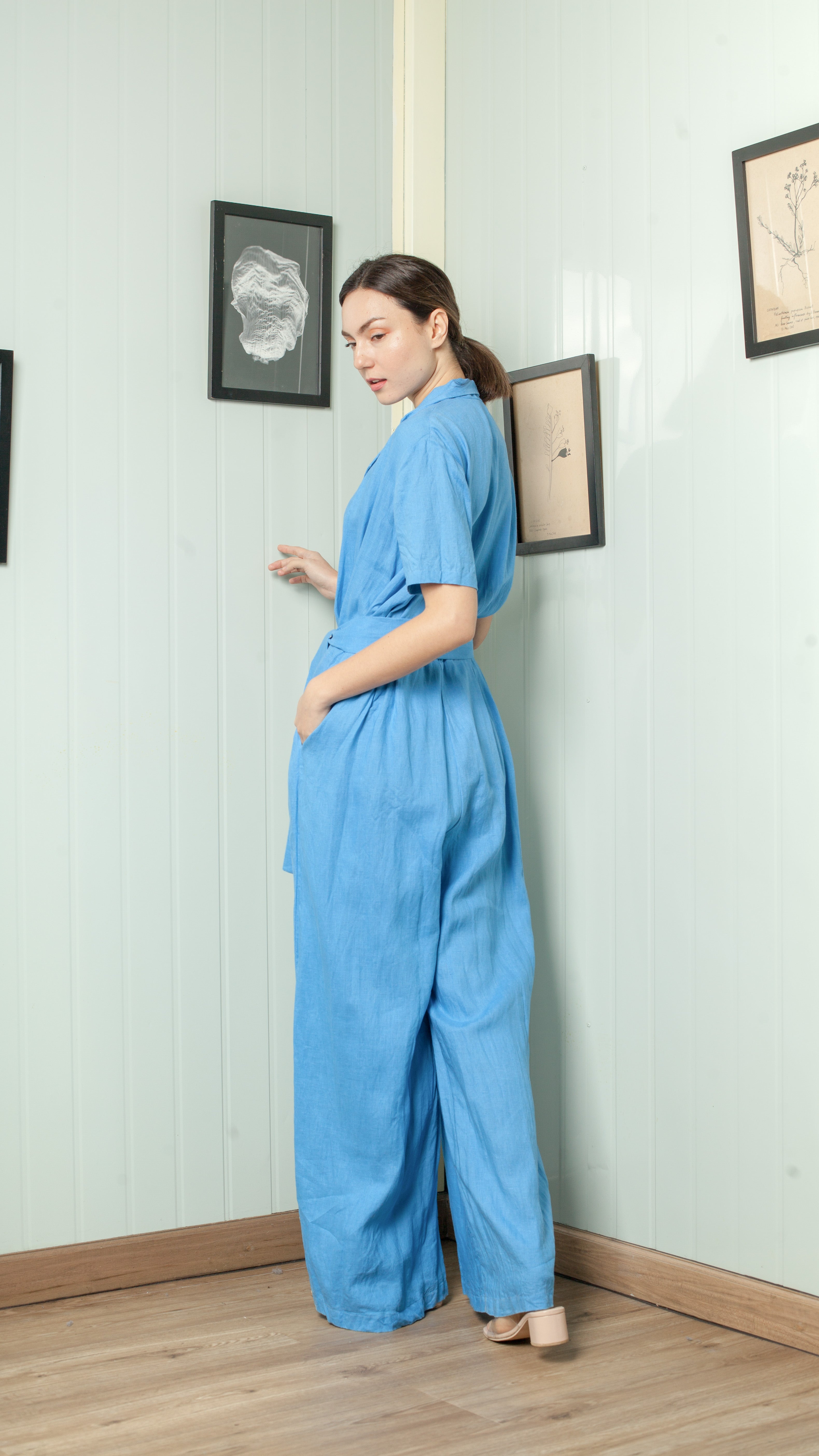 Four Button Lapel Wide Hem Jumpsuit — Azure Blue