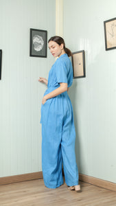 Four Button Lapel Wide Hem Jumpsuit — Azure Blue