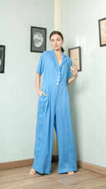Load image into Gallery viewer, Four Button Lapel Wide Hem Jumpsuit — Azure Blue
