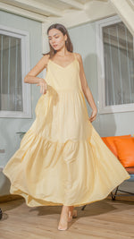Load image into Gallery viewer, Double Strap V-Neckline Long Dress in Light Yellow Lightweight Cotton Weave
