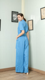 Load image into Gallery viewer, Four Button Lapel Wide Hem Jumpsuit — Azure Blue
