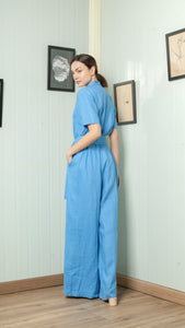 Four Button Lapel Wide Hem Jumpsuit — Azure Blue