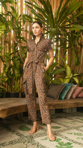 Short Sleeve Tapered Jumpsuit — Brown Floral