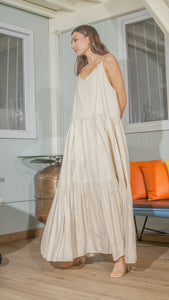 Double Strap V-Neckline Long Dress in Beige Linen