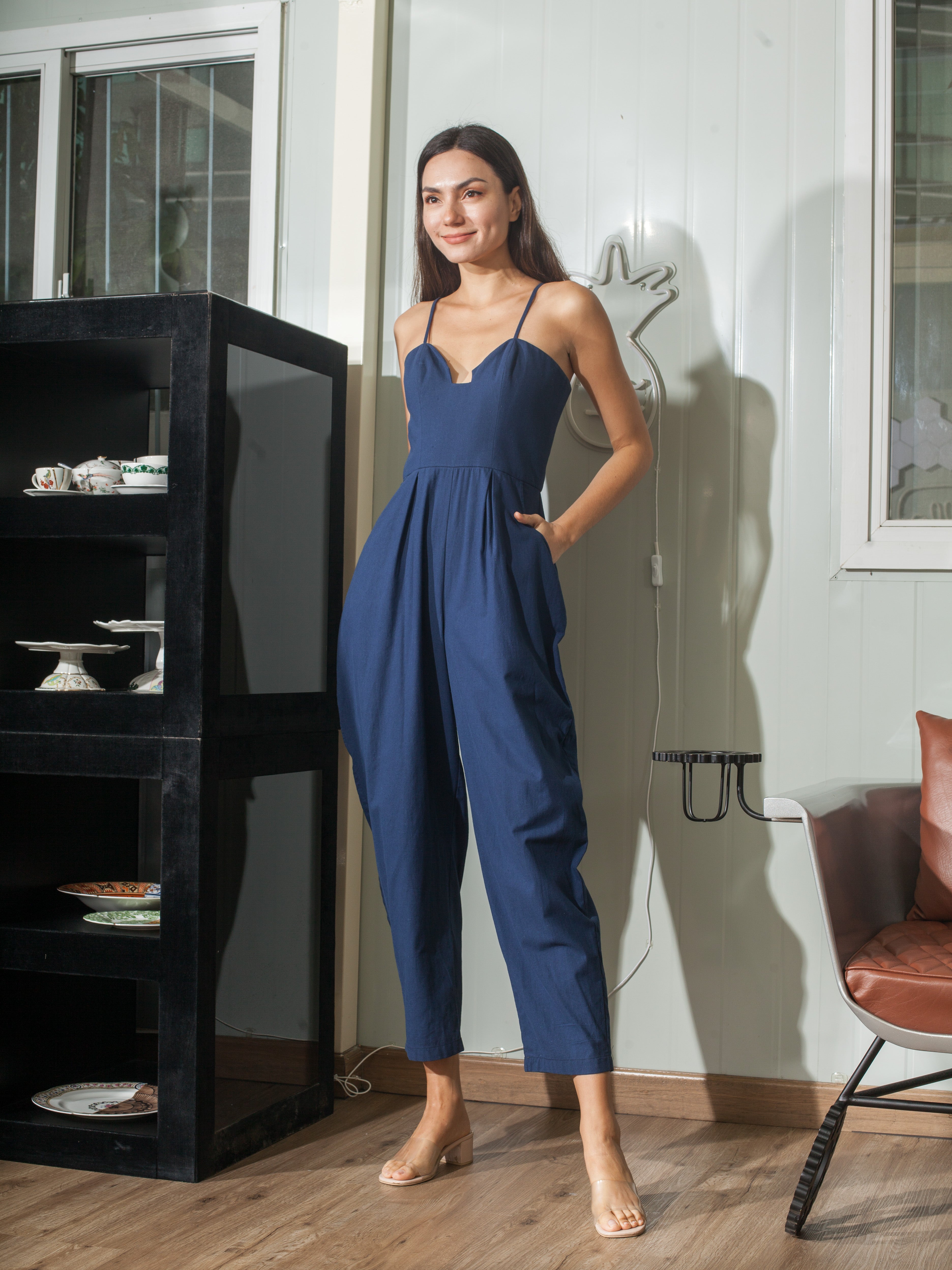 Sweetheart Baggy Jumpsuit in French Navy Linen