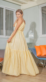 Load image into Gallery viewer, Double Strap V-Neckline Long Dress in Light Yellow Lightweight Cotton Weave

