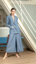 Load image into Gallery viewer, Single Button Wide Hem Elastic Pants — Blue
