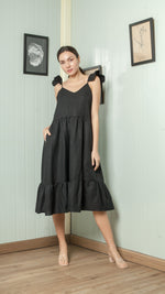 Load image into Gallery viewer, Adjustable Scallop Shoulder Detail Shirred Dress — Black
