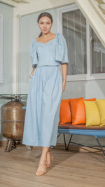 Load image into Gallery viewer, Double Front Pleat Wide Leg Pants in Light Blue Linen

