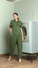 Load image into Gallery viewer, Oversized Short Sleeve Baggy Jumpsuit — Army Green
