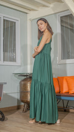 Load image into Gallery viewer, Double Strap V-Neckline Long Dress in Plant Lightweight Cotton Weave
