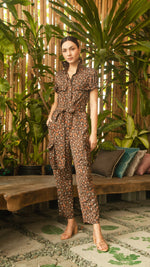 Load image into Gallery viewer, Short Sleeve Tapered Jumpsuit — Brown Floral

