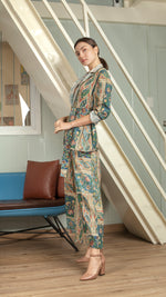 Load image into Gallery viewer, Single Button Flat Waistband Back Elastic Wide Hem Pants — Blue Floral
