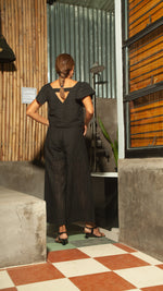 Load image into Gallery viewer, Flat Waistband Wide Hem Pants with Belt Loop in Black Eyelet
