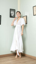 Load image into Gallery viewer, Short Mushroom Sleeve Wrap Long Dress — White
