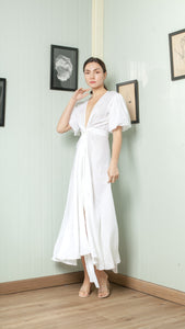 Short Mushroom Sleeve Wrap Long Dress — White
