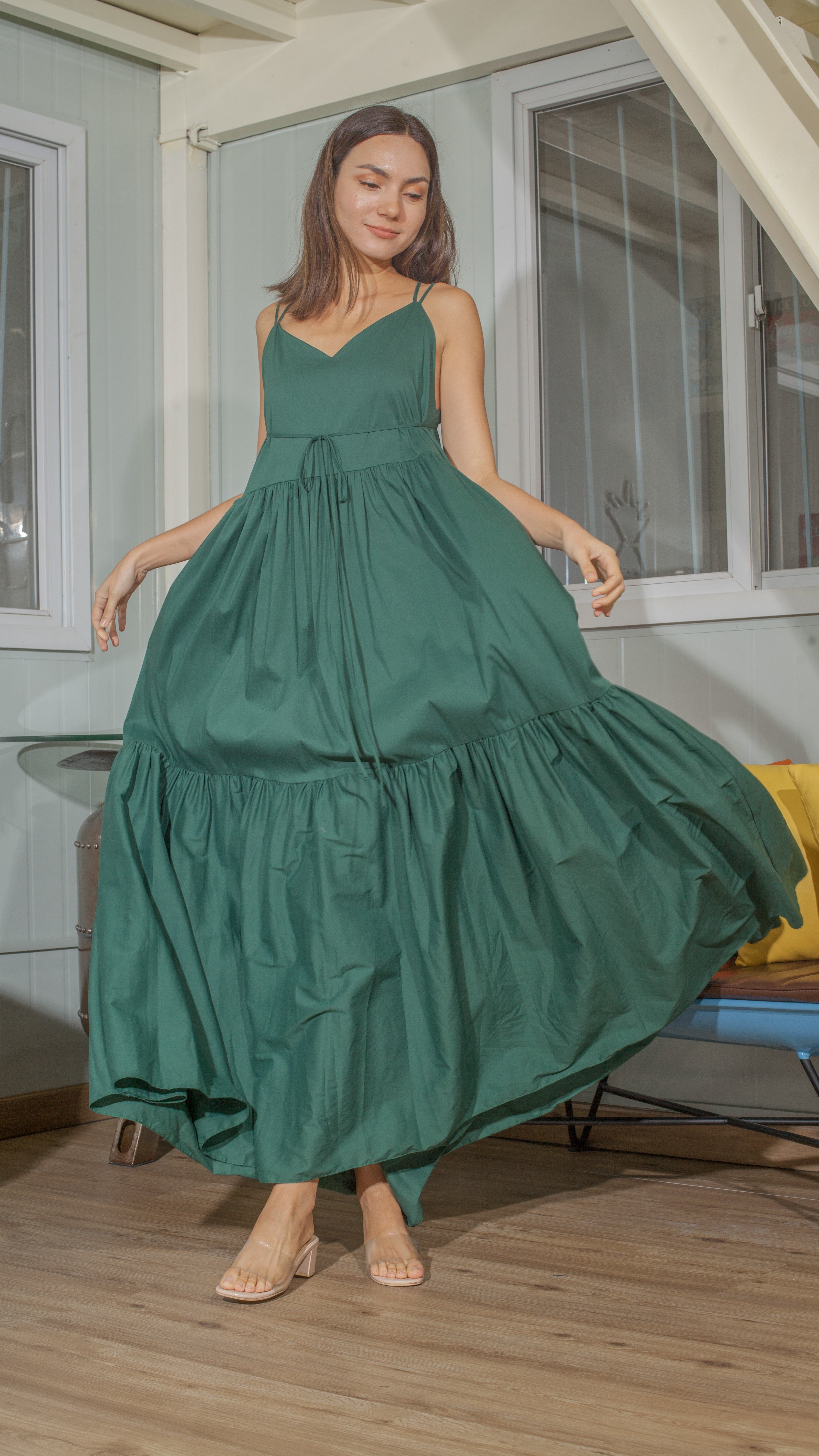 Double Strap V-Neckline Long Dress in Plant Lightweight Cotton Weave
