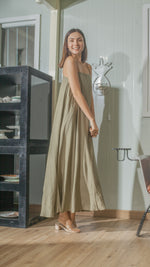 Load image into Gallery viewer, Spaghetti Strap Balloon Dress in Fatigue Green Linen
