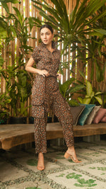 Load image into Gallery viewer, Short Sleeve Tapered Jumpsuit — Brown Floral
