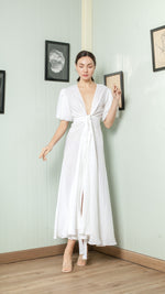 Load image into Gallery viewer, Short Mushroom Sleeve Wrap Long Dress — White
