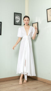 Short Mushroom Sleeve Wrap Long Dress — White