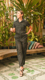 Load image into Gallery viewer, Short Sleeve Tapered Jumpsuit — Black Eyelet
