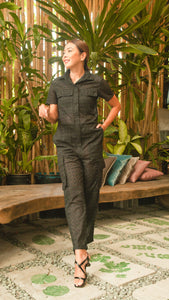 Short Sleeve Tapered Jumpsuit — Black Eyelet