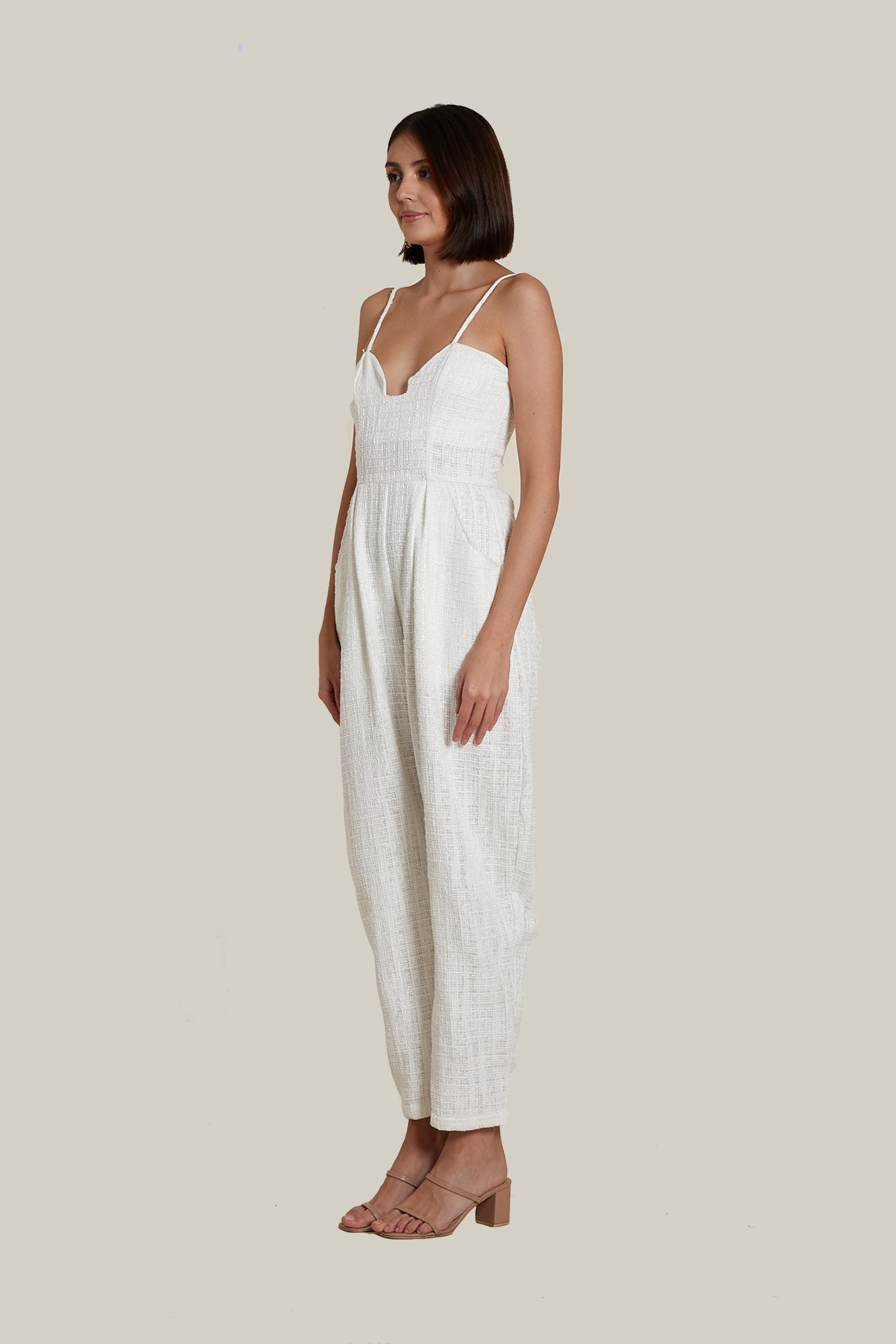 Sweetheart Baggy Jumpsuit in White Tweed